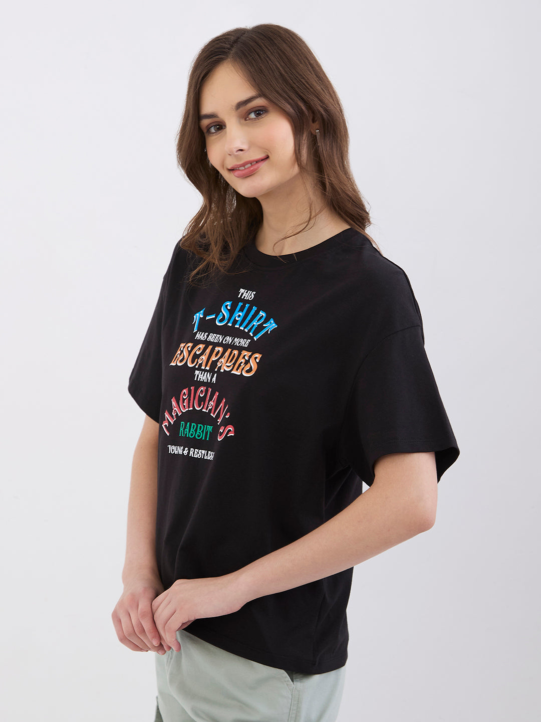 Spykar Black Oversize Fit Casual T-Shirts For Women