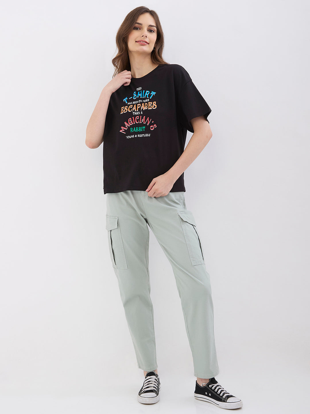 Spykar Black Oversize Fit Casual T-Shirts For Women