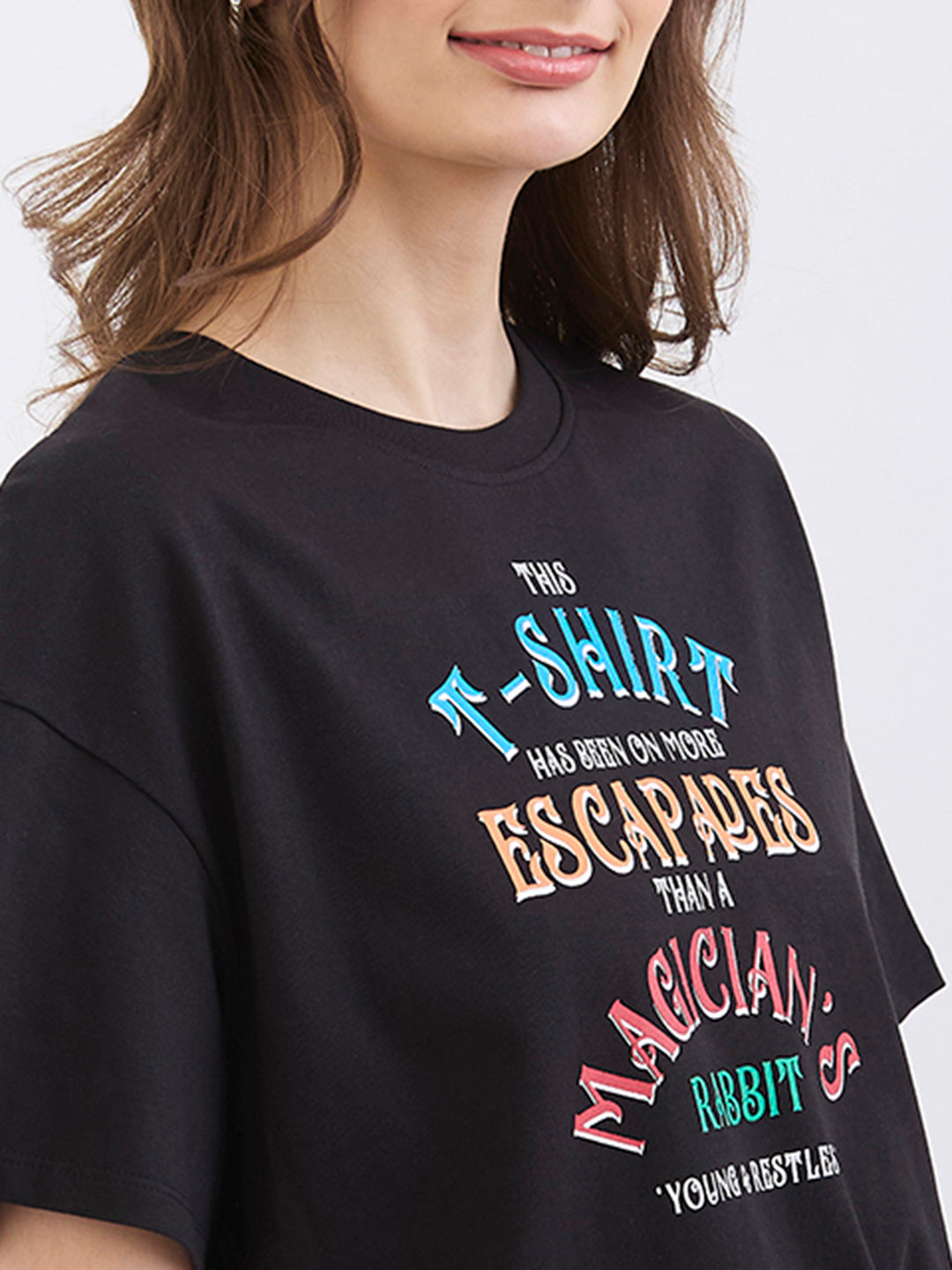 Spykar Black Oversize Fit Casual T-Shirts For Women