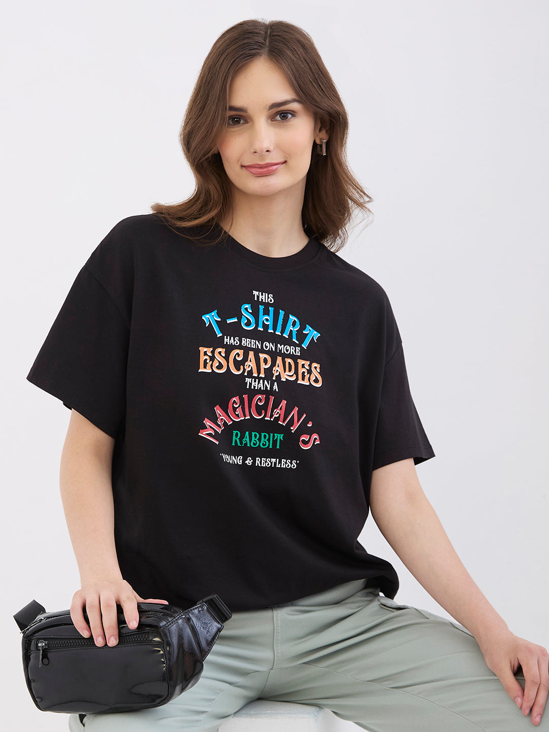 Spykar Black Oversize Fit Casual T-Shirts For Women