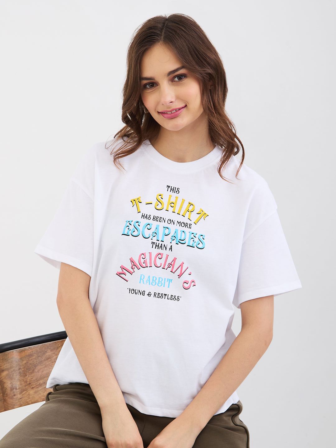 Spykar New Off White Oversize Fit Casual T-Shirts For Women