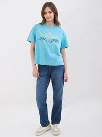 Women T-Shirt Blue Oversize Fit