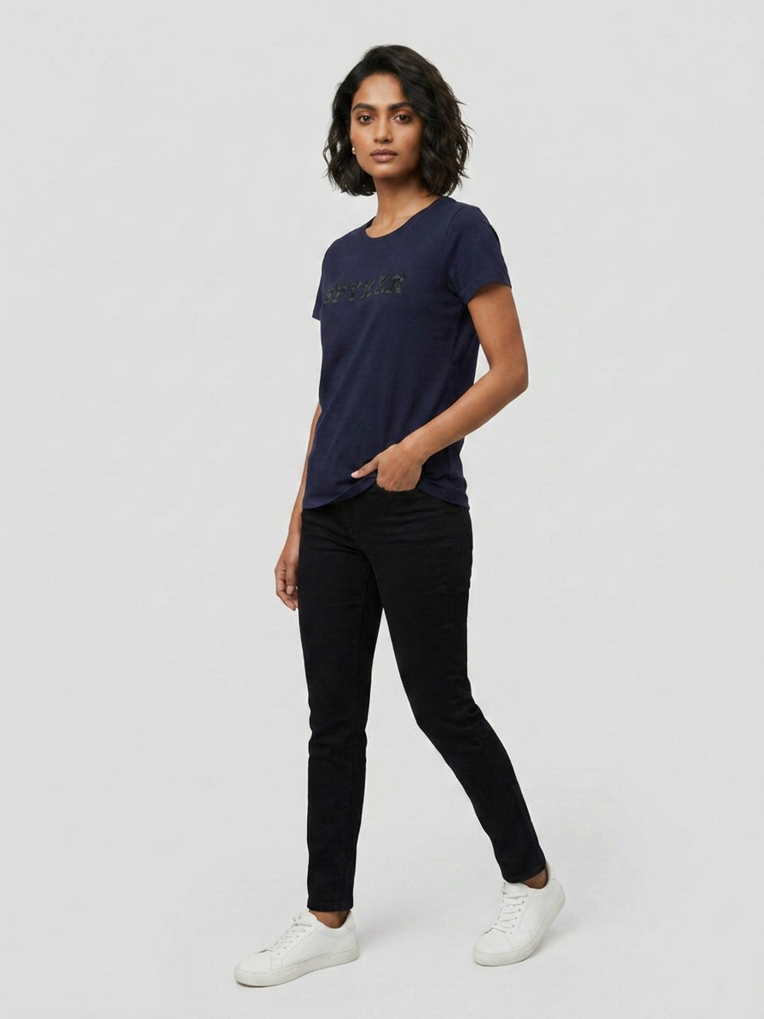 Women T-Shirt Graphic Navy Blue Regular Fit