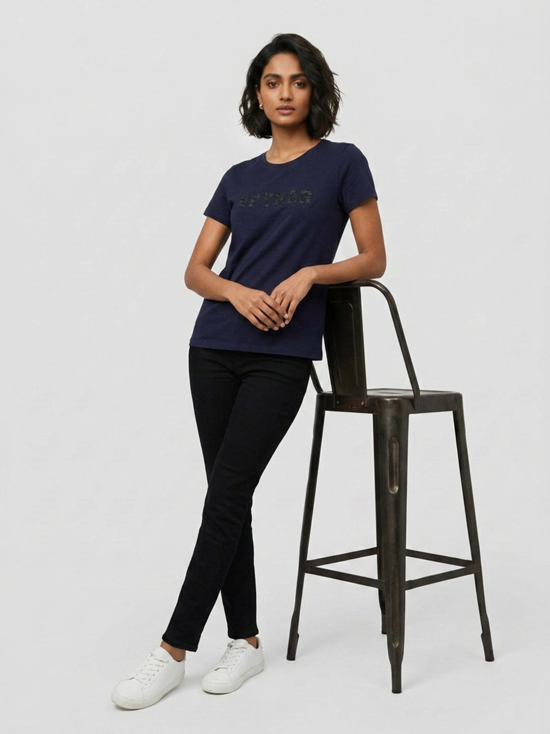 Women T-Shirt Graphic Navy Blue Regular Fit