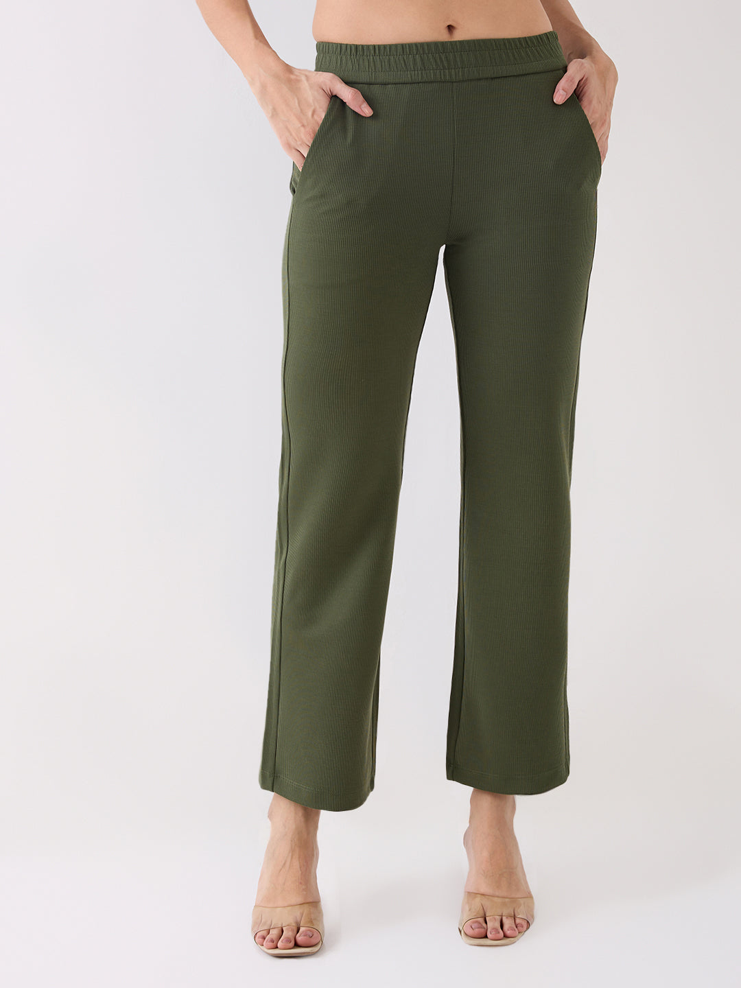 Spykar Green Mid Rise Boot Cut Casual Track Pant For Women