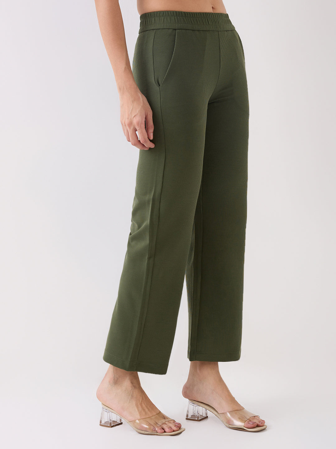 Spykar Green Mid Rise Boot Cut Casual Track Pant For Women