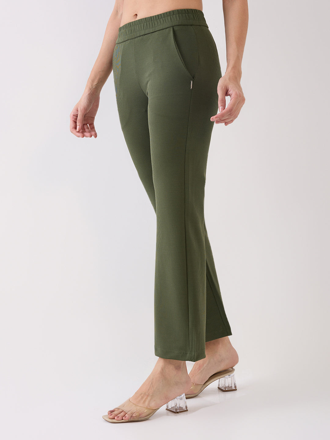 Spykar Green Mid Rise Boot Cut Casual Track Pant For Women