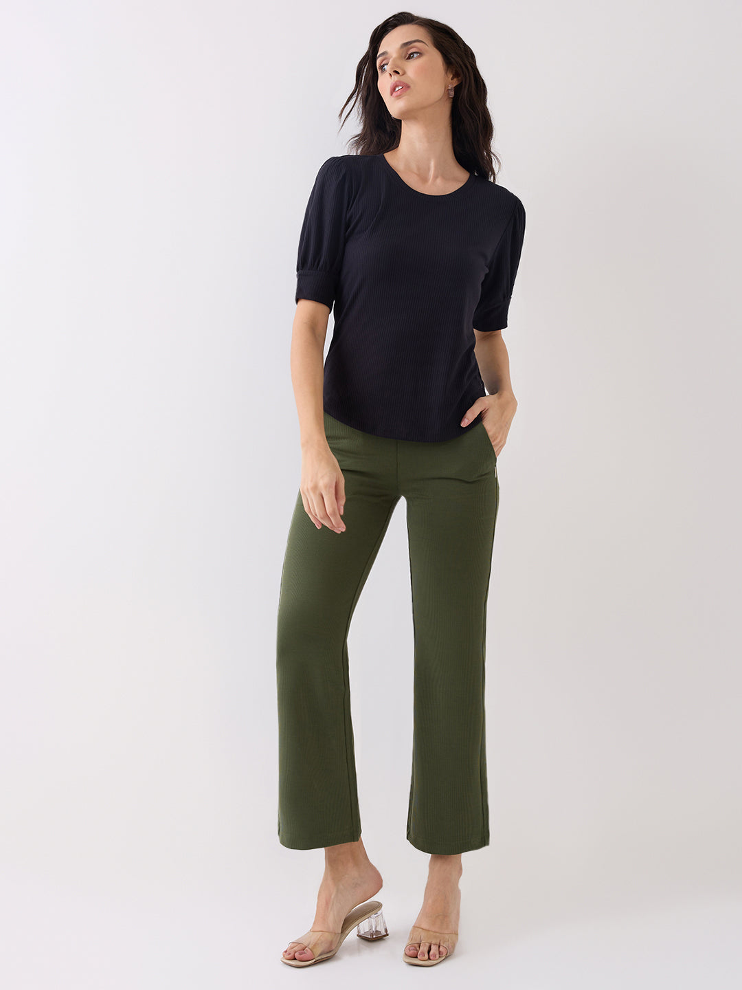 Spykar Green Mid Rise Boot Cut Casual Track Pant For Women