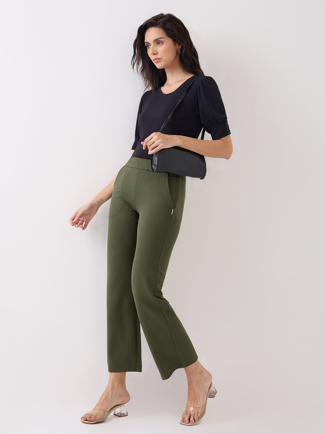 Spykar Green Mid Rise Boot Cut Casual Track Pant For Women