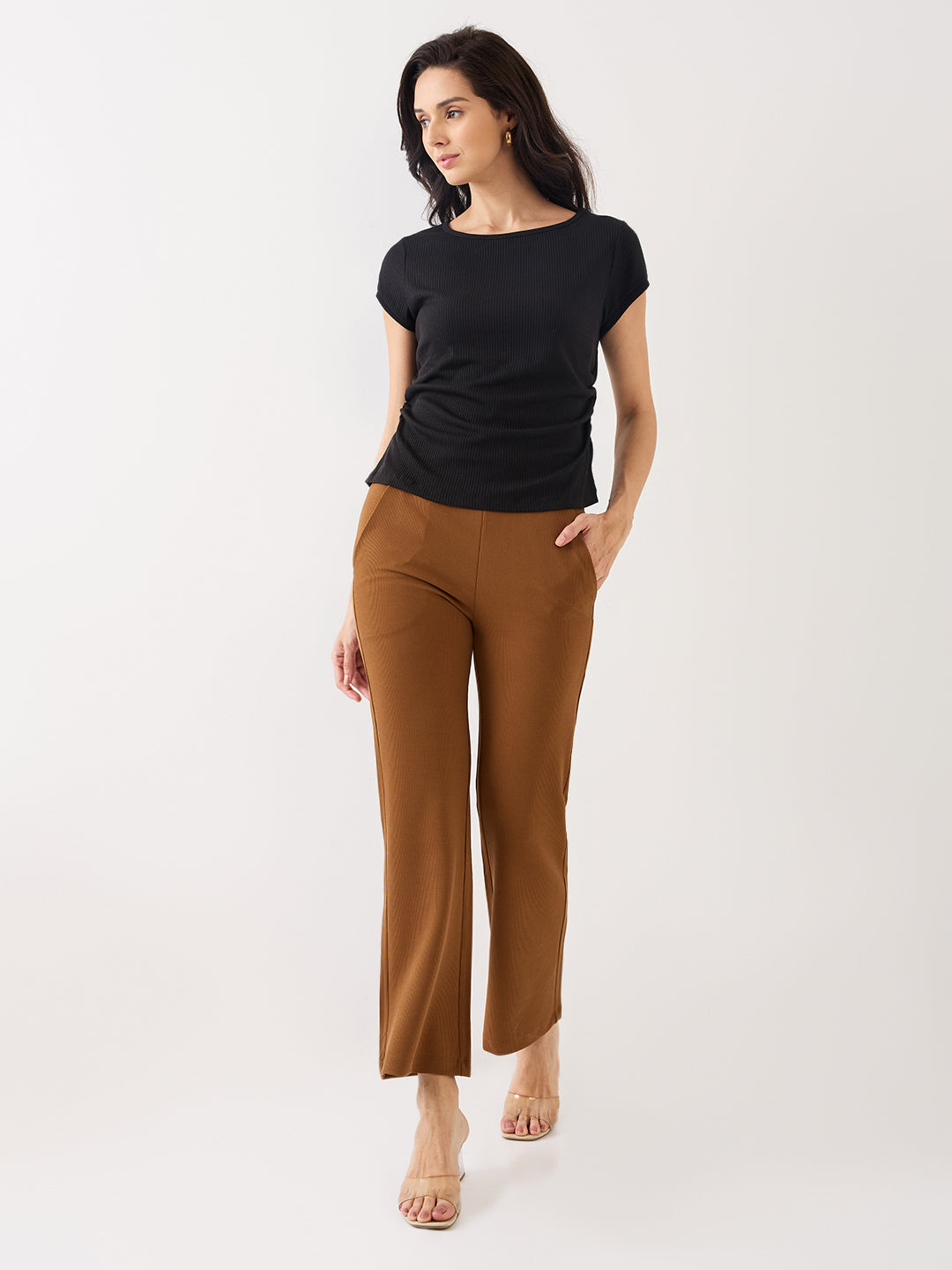 Spykar Brown Mid Rise Boot Cut Casual Track Pant For Women