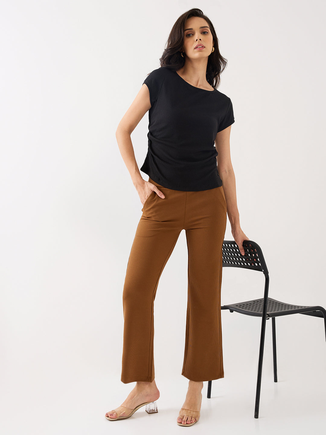 Spykar Brown Mid Rise Boot Cut Casual Track Pant For Women