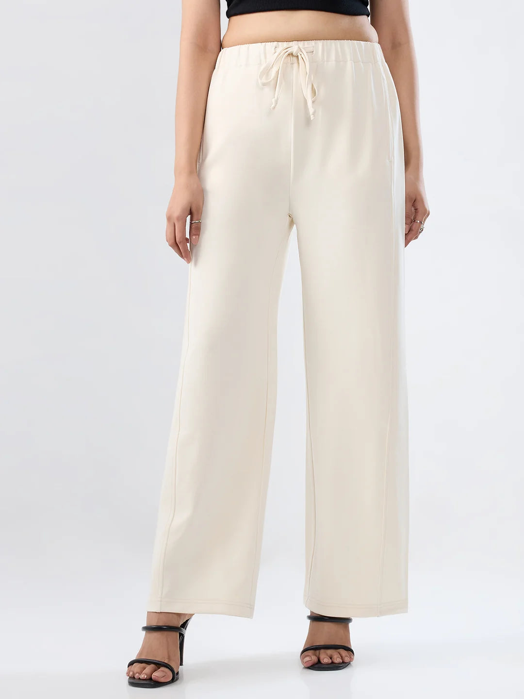Women Trackpant White Wide Leg Mid Rise