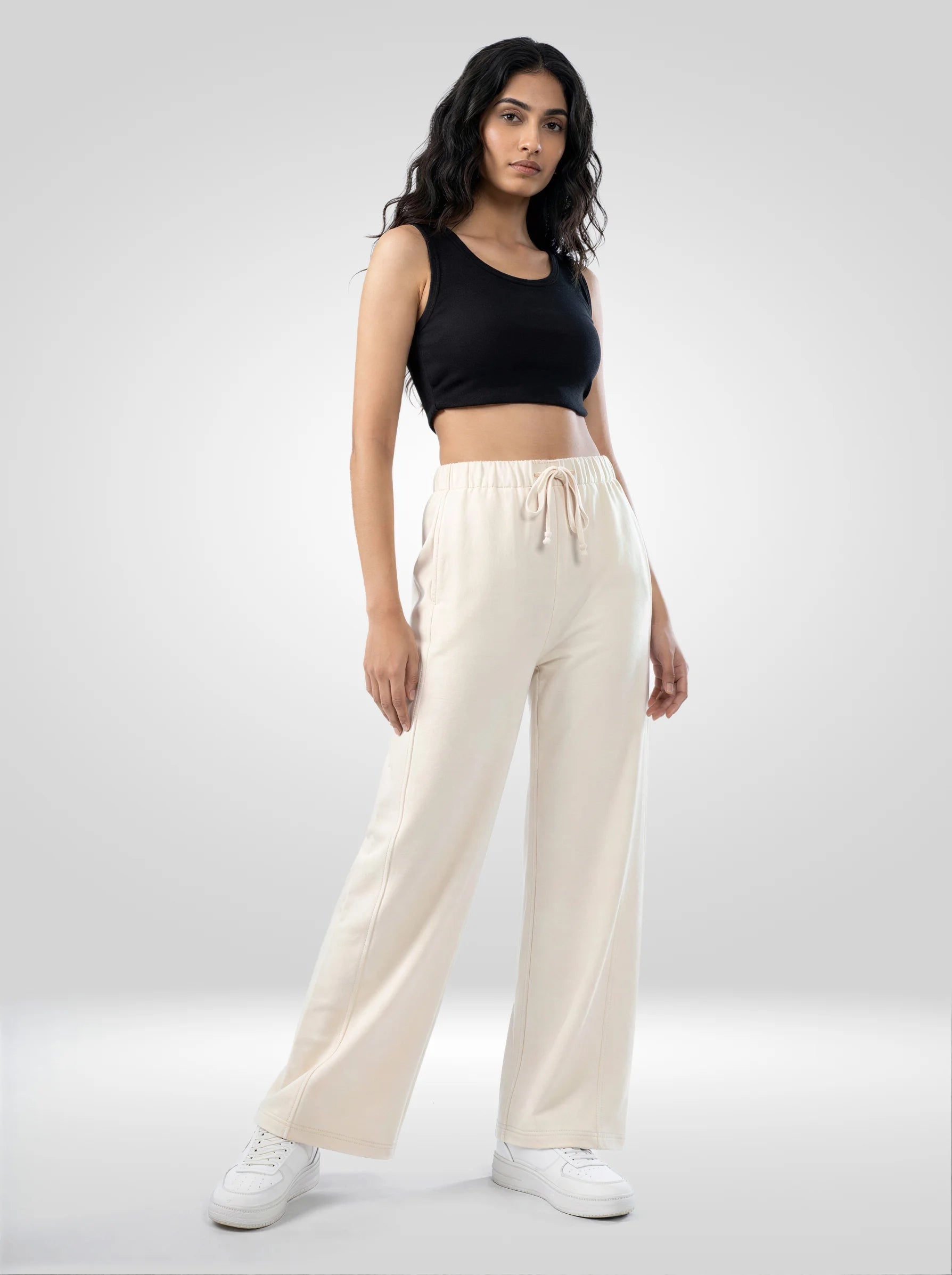 Women Trackpant White Wide Leg Mid Rise