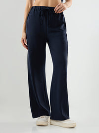 Women Trackpant Wide Leg Navy Blue Mid Rise