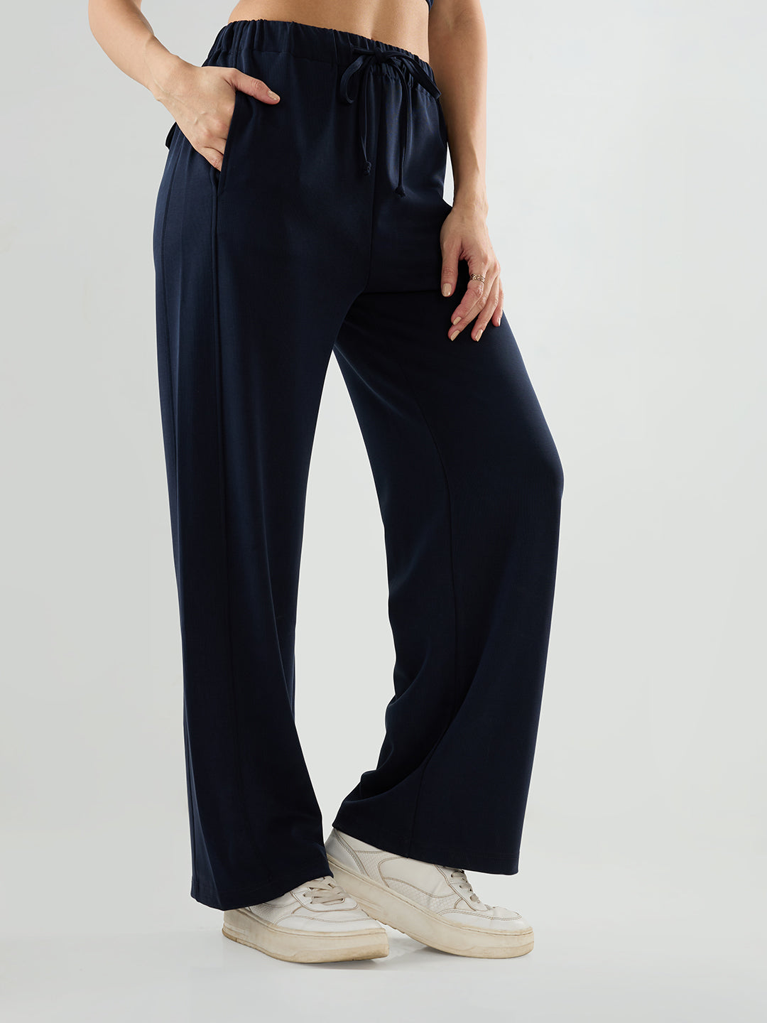 Women Trackpant Wide Leg Navy Blue Mid Rise