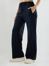 Women Trackpant Wide Leg Navy Blue Mid Rise