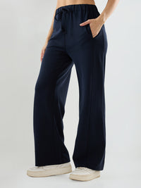 Women Trackpant Wide Leg Navy Blue Mid Rise