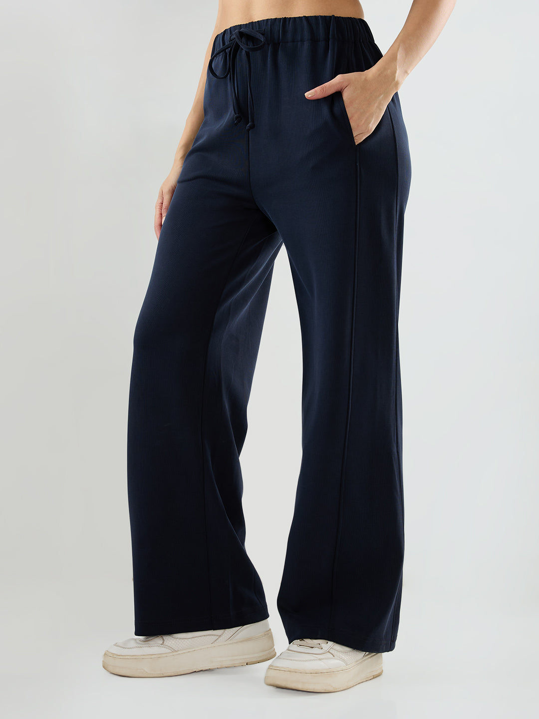 Women Trackpant Wide Leg Navy Blue Mid Rise