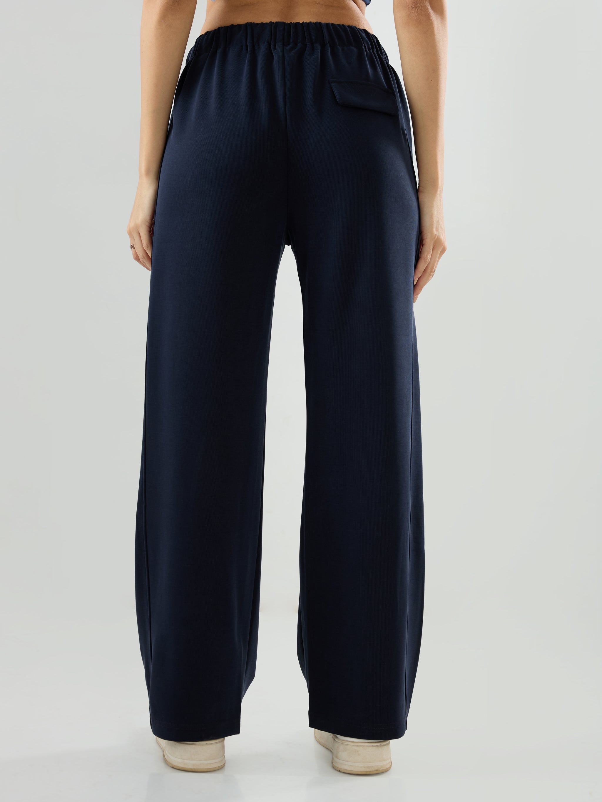 Women Trackpant Wide Leg Navy Blue Mid Rise