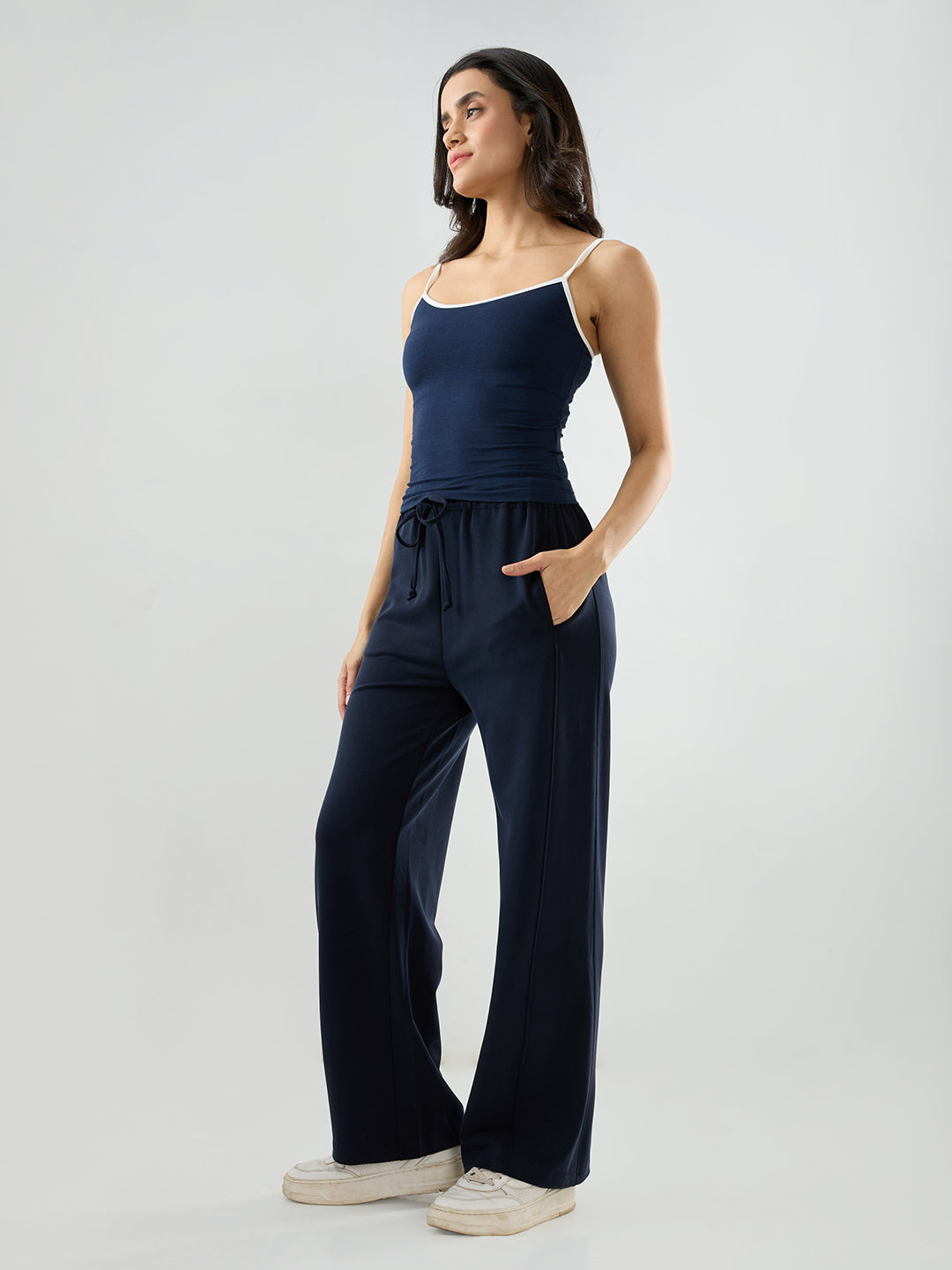 Women Trackpant Wide Leg Navy Blue Mid Rise
