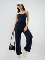 Women Trackpant Wide Leg Navy Blue Mid Rise
