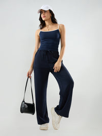 Women Trackpant Wide Leg Navy Blue Mid Rise