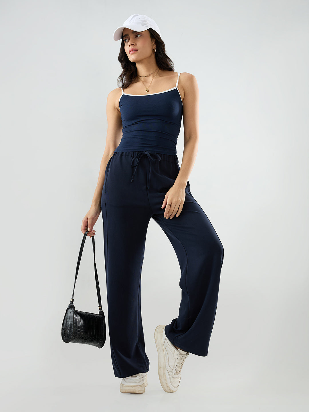 Women Trackpant Wide Leg Navy Blue Mid Rise