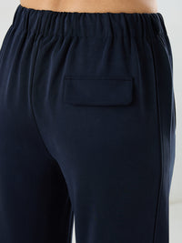 Women Trackpant Wide Leg Navy Blue Mid Rise