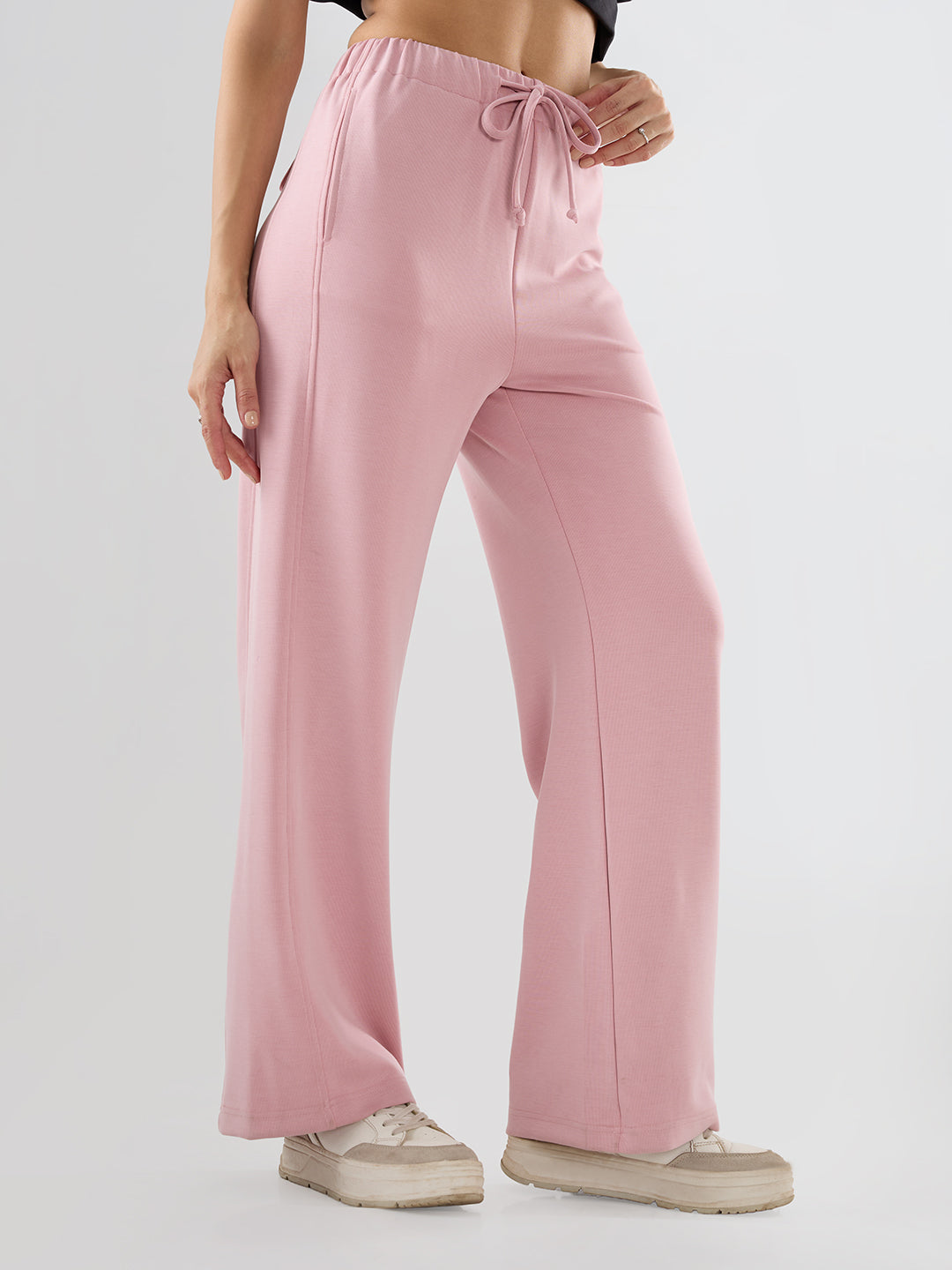 Women Trackpant Wide Leg Pink Mid Rise