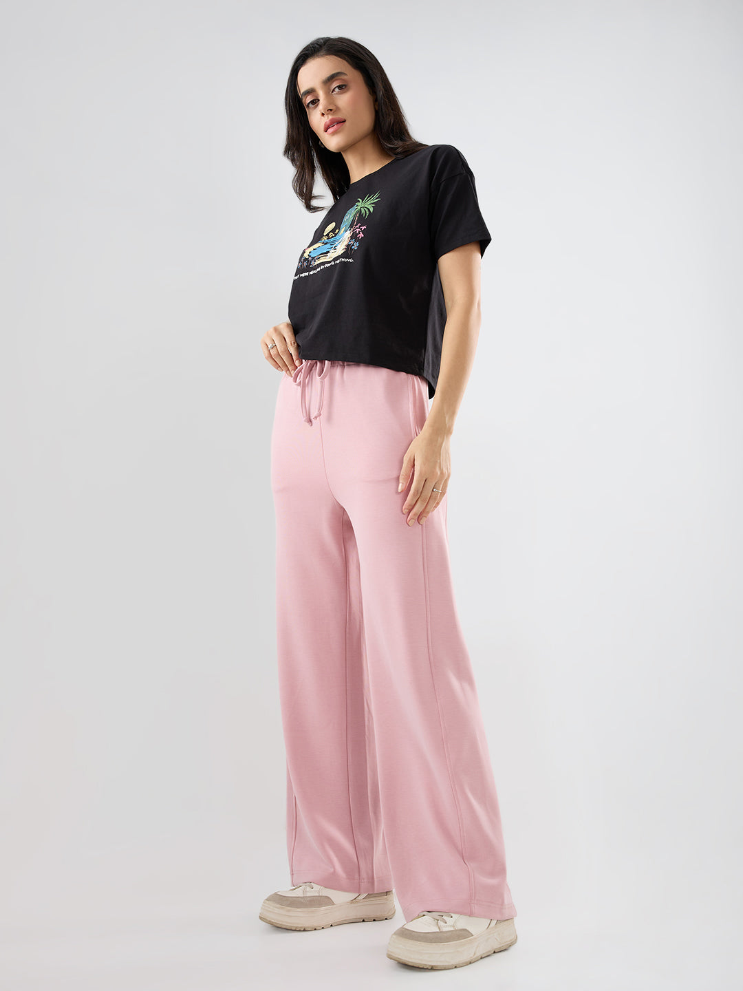 Women Trackpant Wide Leg Pink Mid Rise