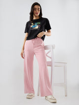 Women Trackpant Wide Leg Pink Mid Rise