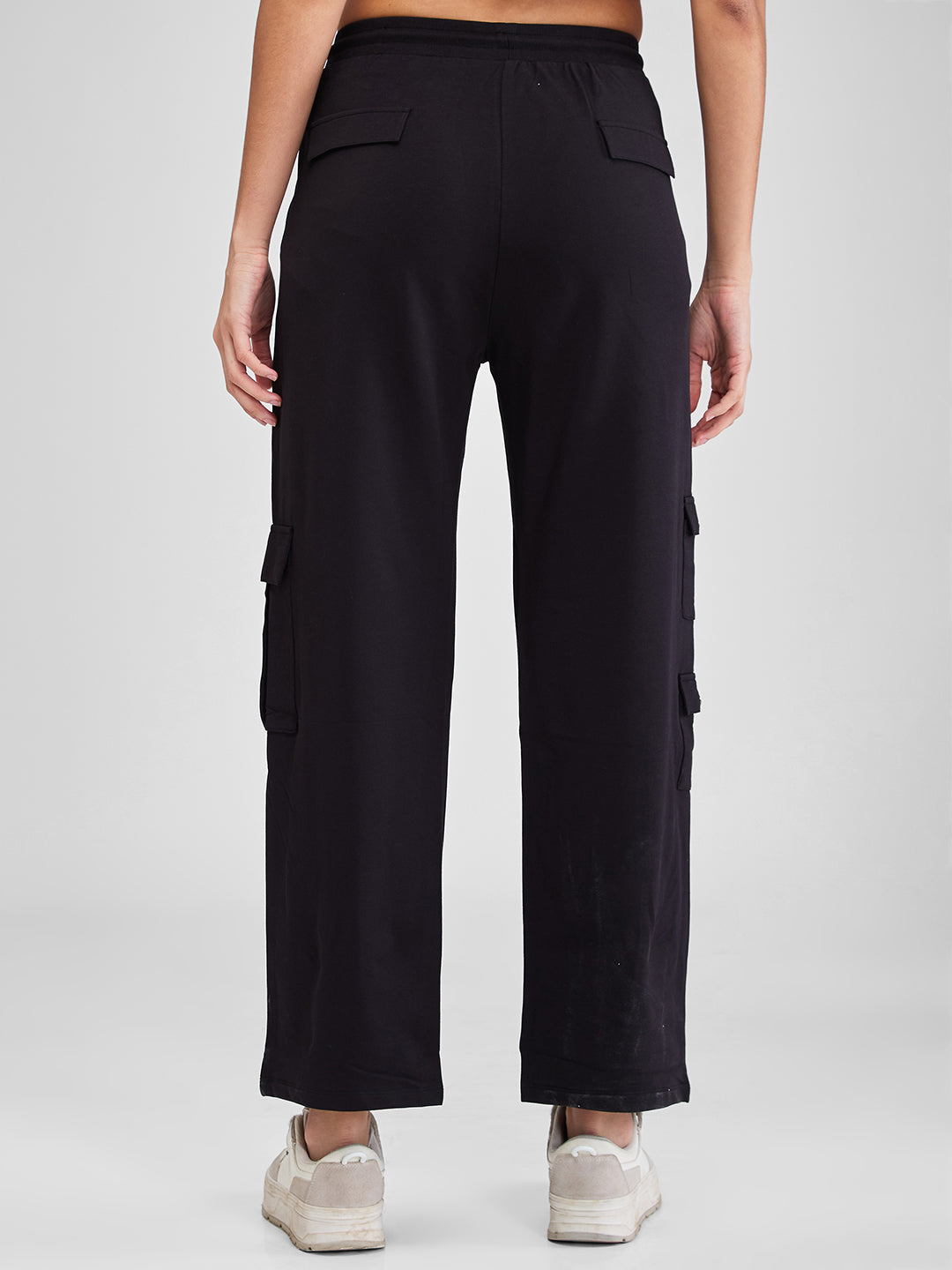 Spykar Black Wide Leg High Rise Knit Trackpants For Women