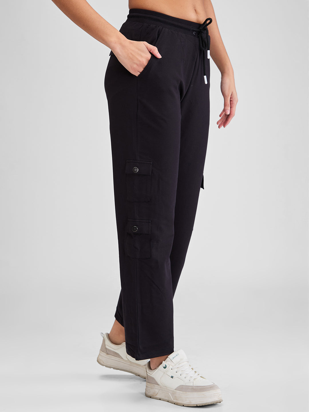 Spykar Black Wide Leg High Rise Knit Trackpants For Women