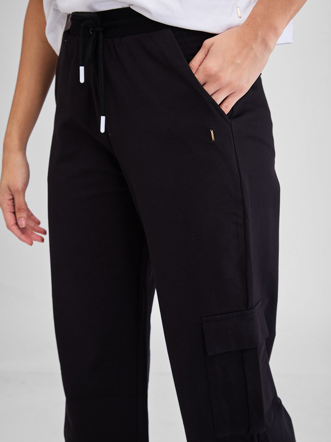 Spykar Black Wide Leg High Rise Knit Trackpants For Women