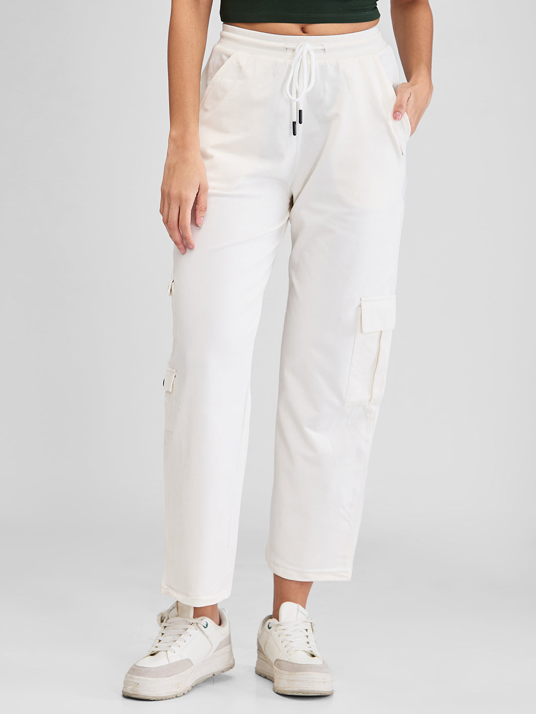 Spykar White Wide Leg High Rise Knit Trackpants For Women