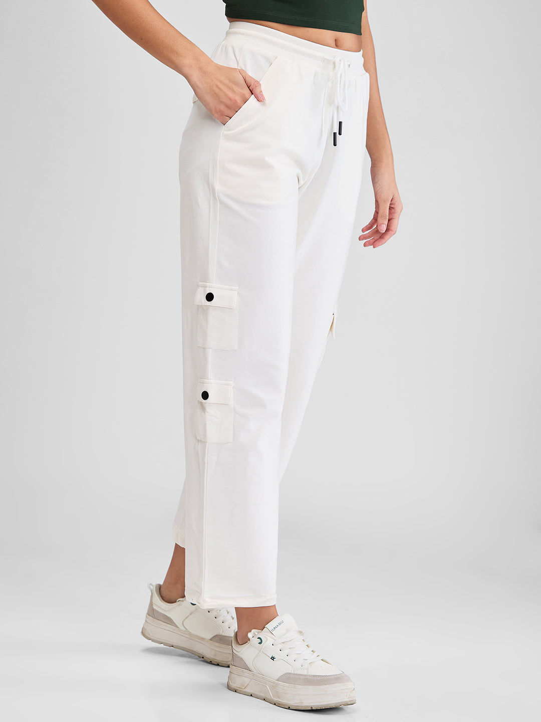 Spykar White Wide Leg High Rise Knit Trackpants For Women