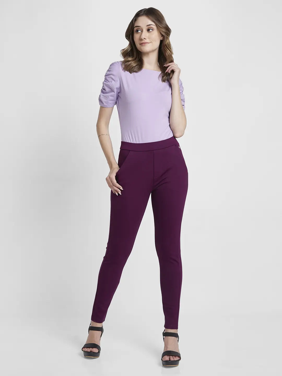 Spykar Wine Red High Rise Skinny Fit Casual Knit Track Pants For Women