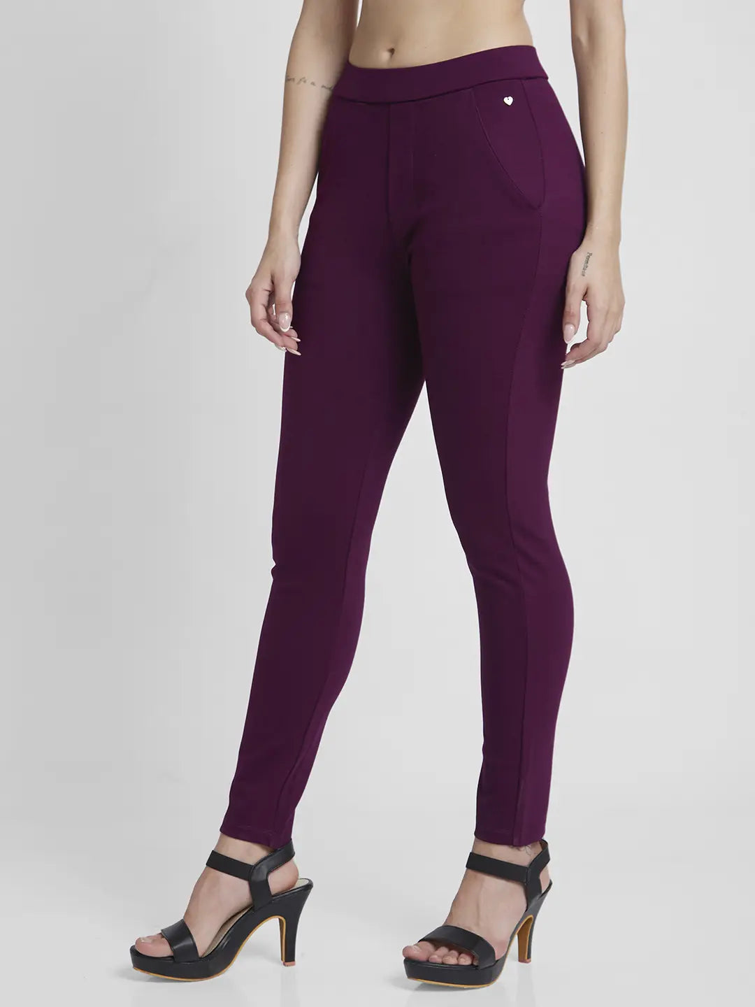 Spykar Wine Red High Rise Skinny Fit Casual Knit Track Pants For Women