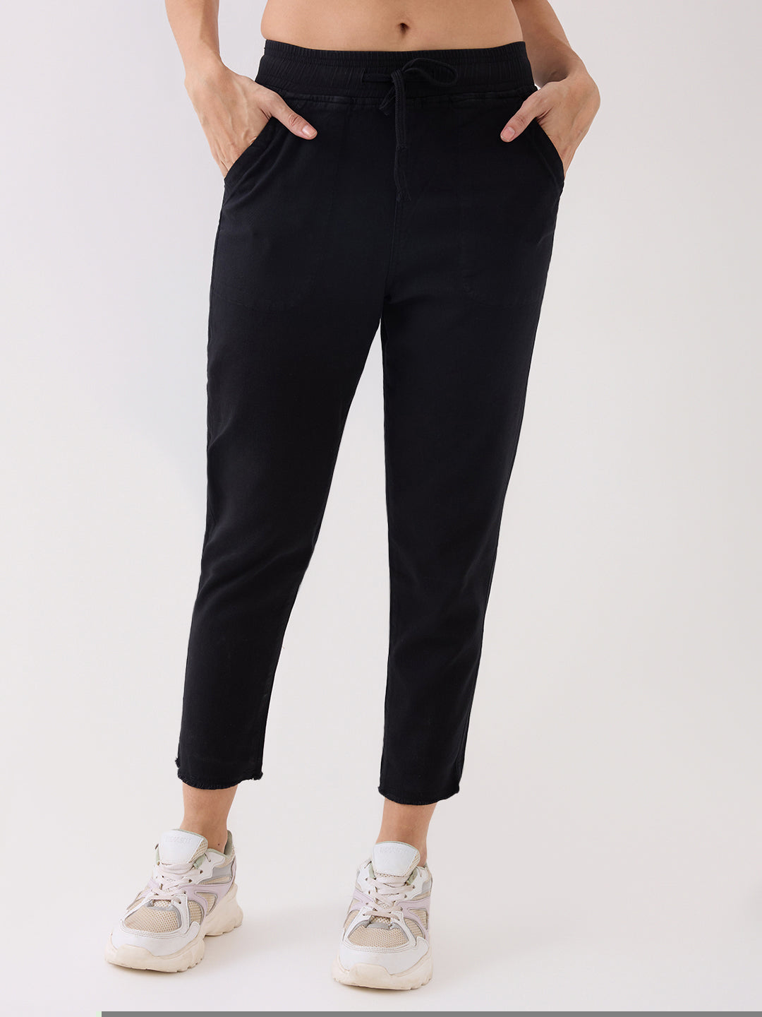 Spykar Black Mid Rise Tapered Fit Casual Knit Track Pants For Women