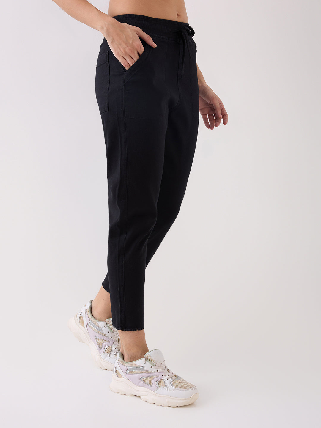 Spykar Black Mid Rise Tapered Fit Casual Knit Track Pants For Women