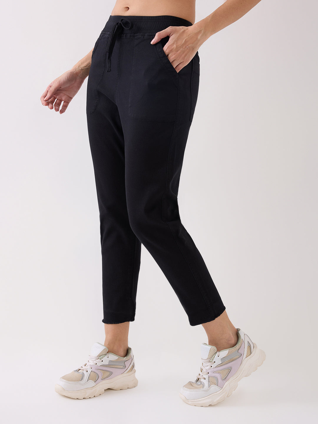 Spykar Black Mid Rise Tapered Fit Casual Knit Track Pants For Women