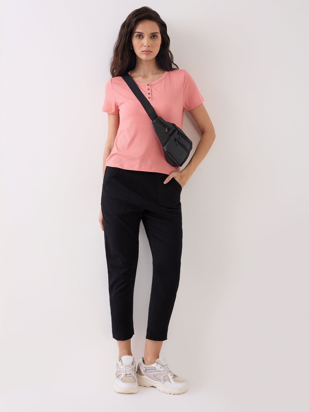 Spykar Black Mid Rise Tapered Fit Casual Knit Track Pants For Women