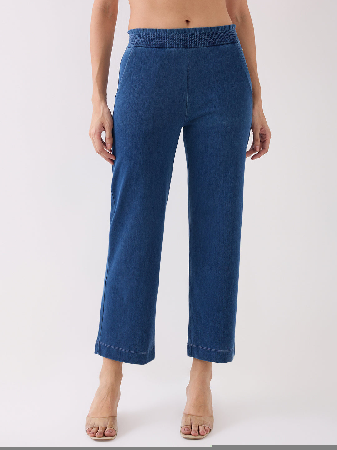 Spykar Ice Blue Mid Rise Tapered Fit Casual Knit Track Pants For Women