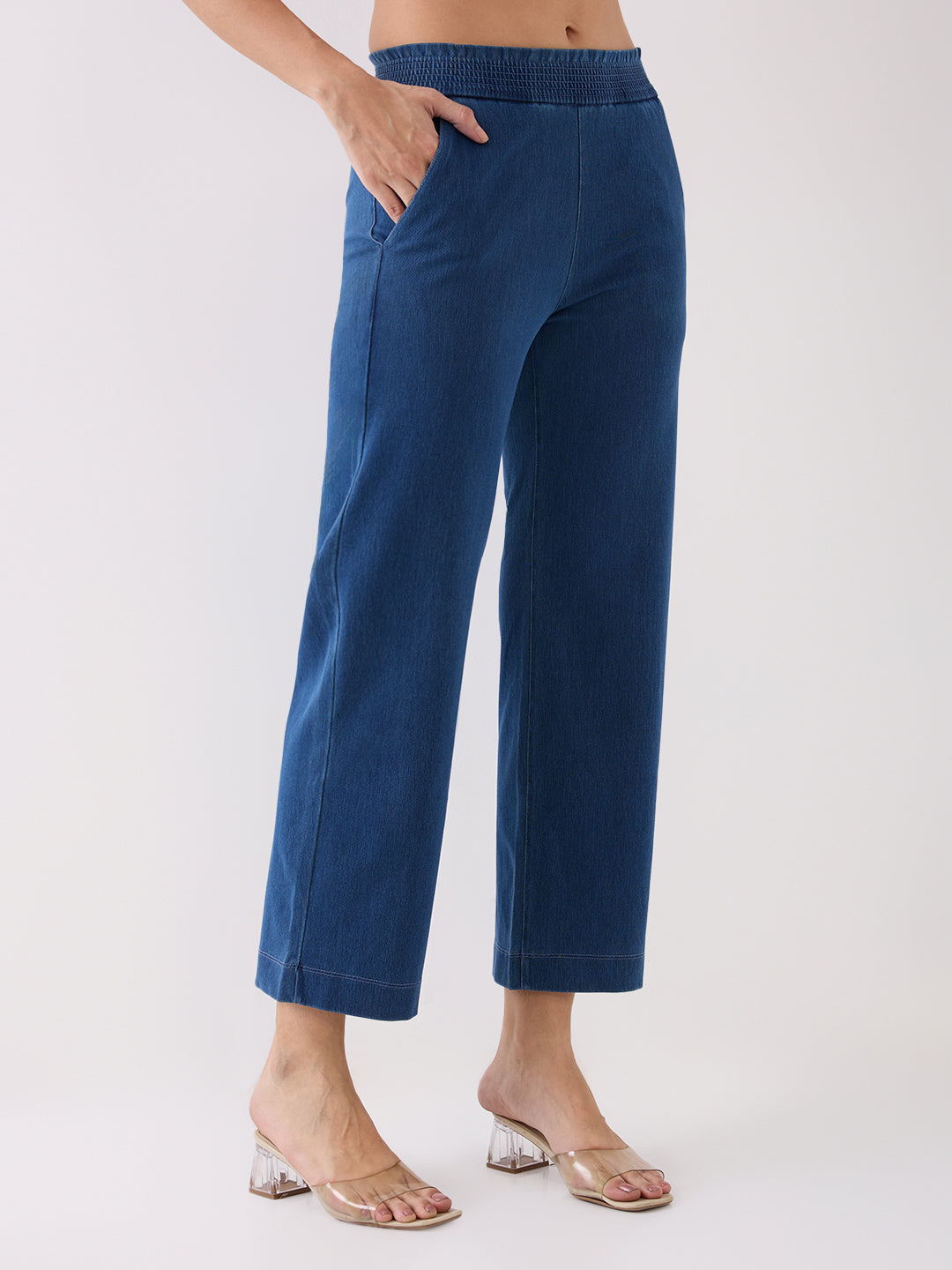 Spykar Ice Blue Mid Rise Tapered Fit Casual Knit Track Pants For Women