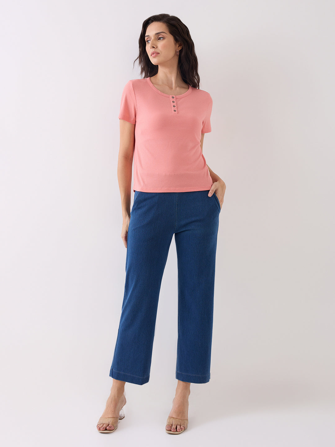 Spykar Ice Blue Mid Rise Tapered Fit Casual Knit Track Pants For Women