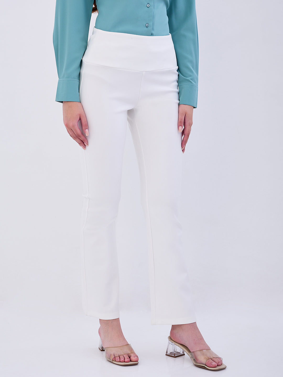 Spykar Off White High Rise Boot Cut Fit Casual Knit Track Pants For Women