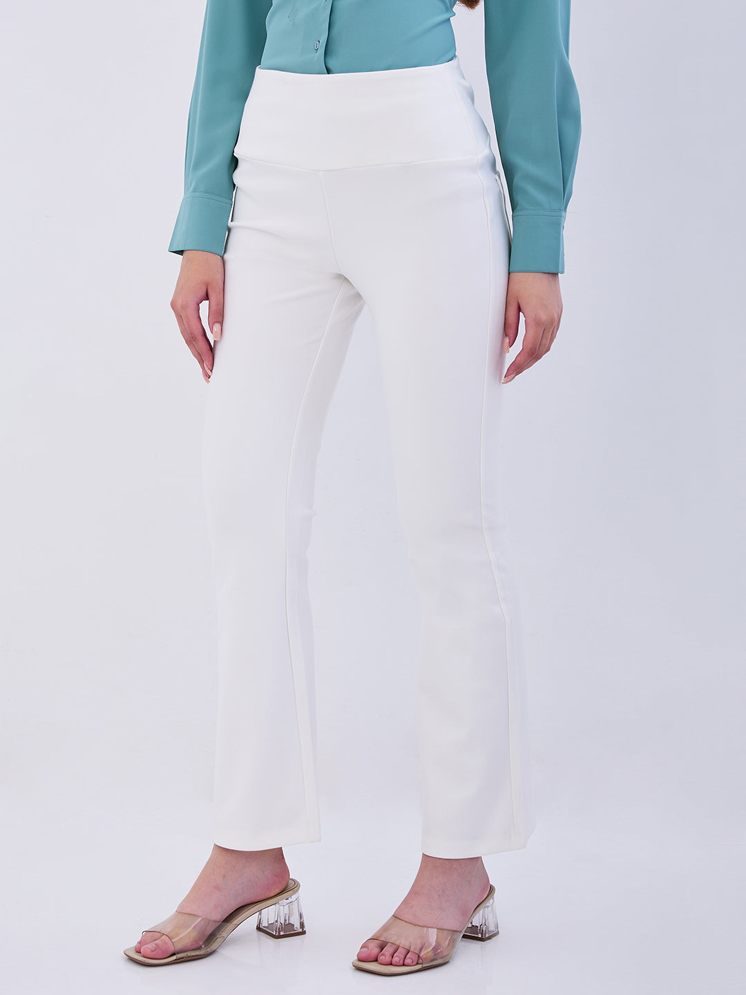 Spykar Off White High Rise Boot Cut Fit Casual Knit Track Pants For Women