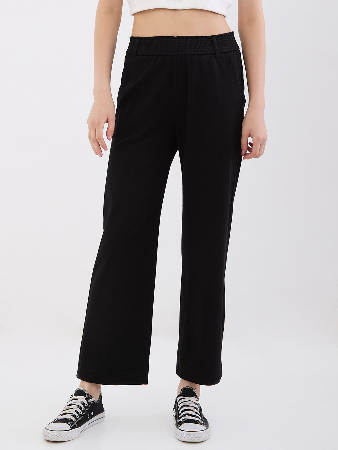 Spykar Black High Rise Straight Fit Casual Knit Track Pants For Women