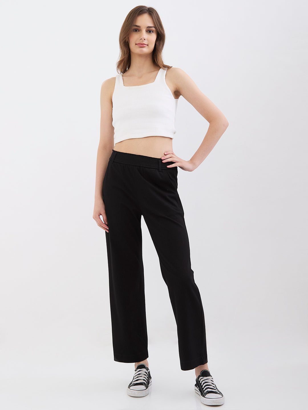Spykar Black High Rise Straight Fit Casual Knit Track Pants For Women