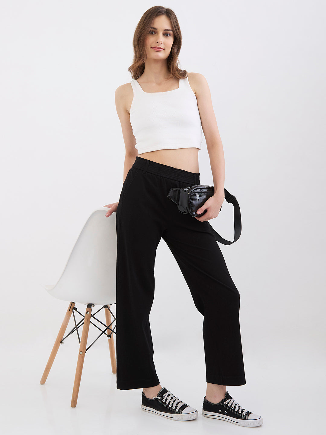 Women Trackpant Straight Fit Black High Rise
